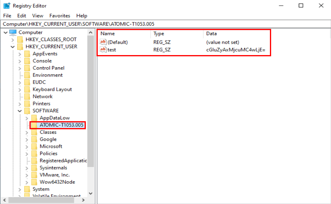 A registry value of “test” has been created under the key “ATOMIC-T1053.005”. The data of test is in Base64.